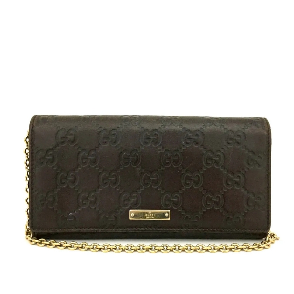 GUCCI Ssima GG Logo Leather Chain Long Bifold Wallet